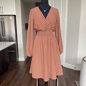 Multicolored Fit and Flare Long Sleeve Dress with V-Neck